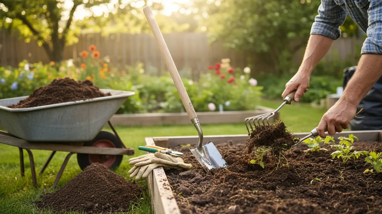 Gartner forbereder jord med skovl, rive og kompost i en have