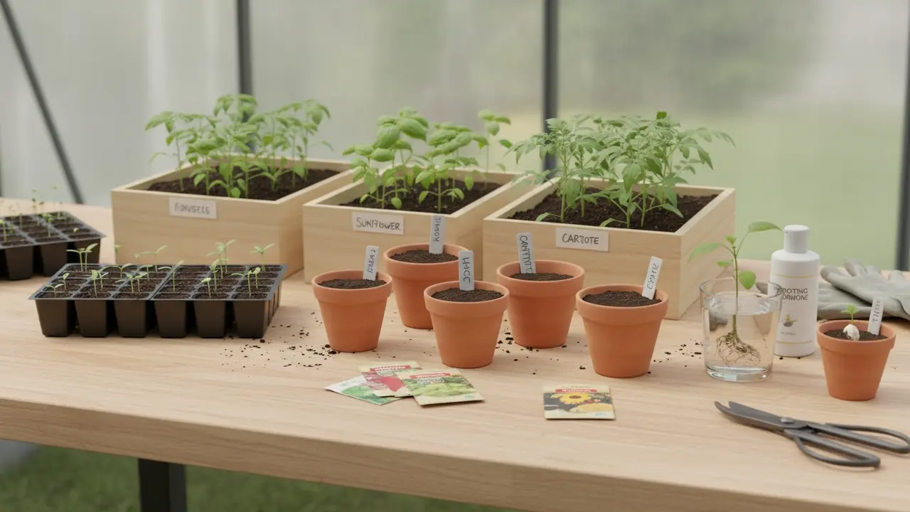 Oversigt over metoder: frøbakker, plantekasser, potter og stiklinger på et arbejdsbord