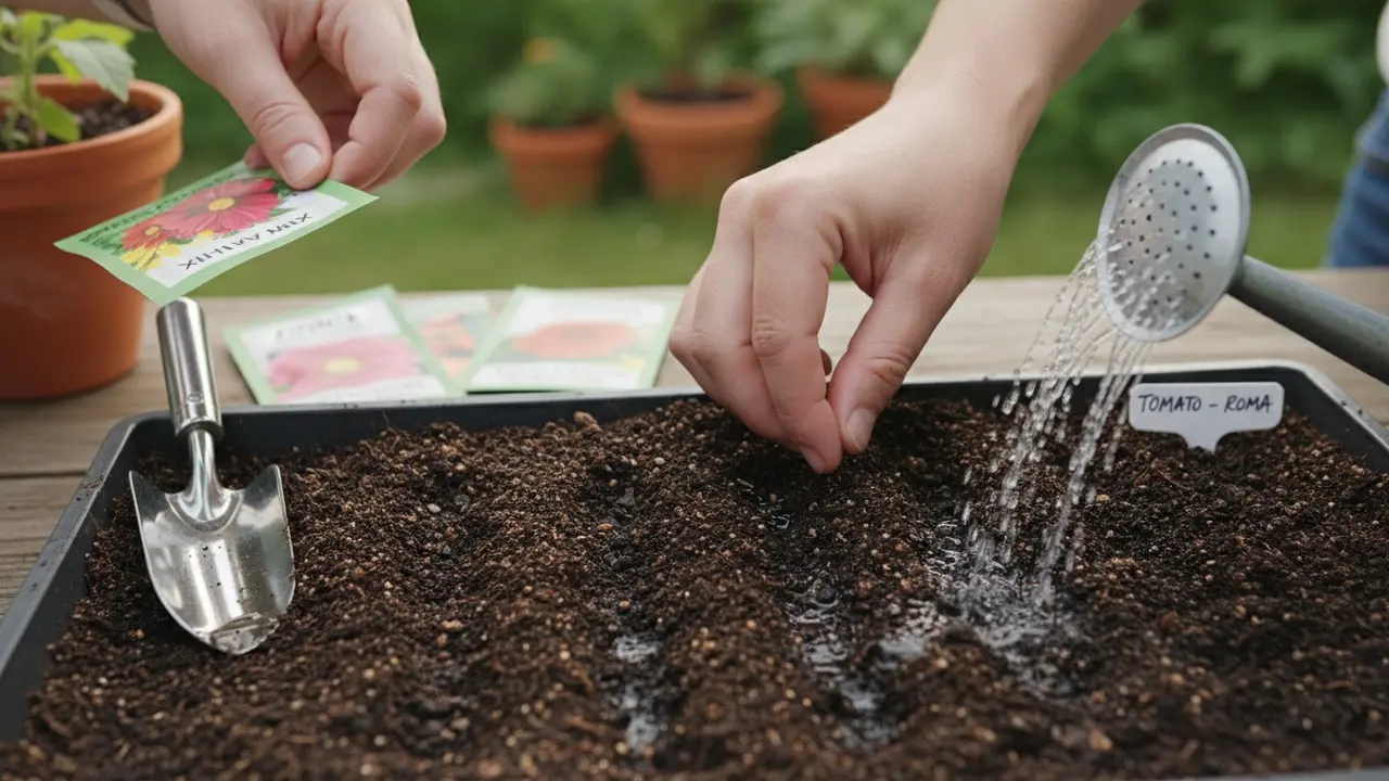 Hænder der sår frø i frøbakker med korrekt dybde og vander let