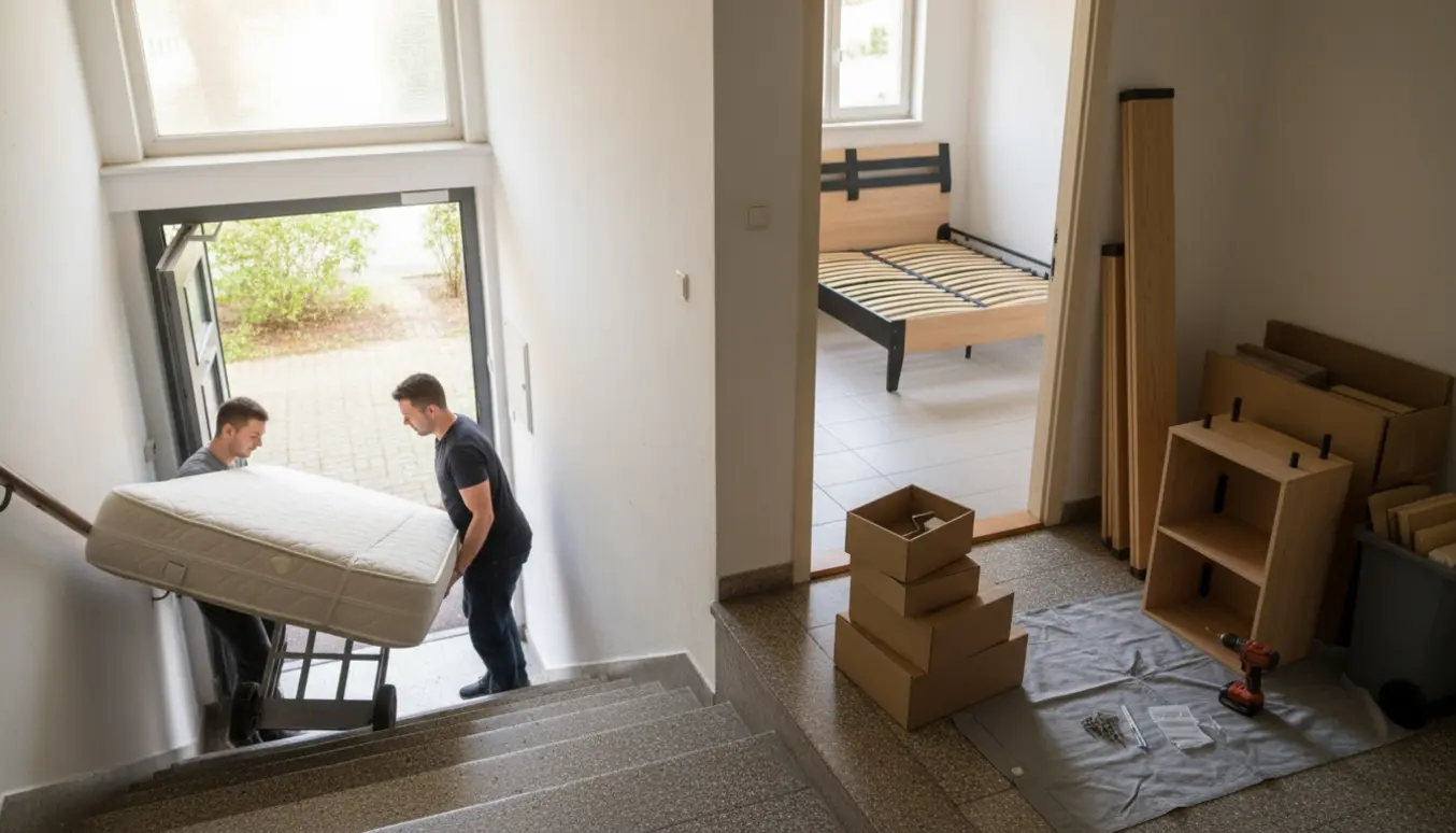 Flyttemænd bærer en boxmadras i en trappeopgang, mens reoler, sengedele og pap ligger klar til samling og bortskaffelse.