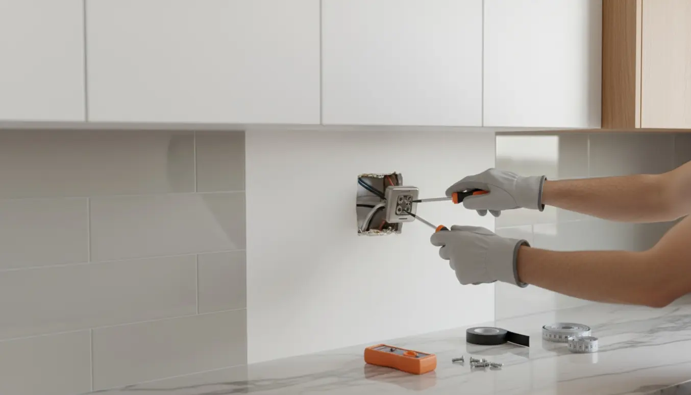 Hænder installerer en ekstra stikkontakt i et lyst, moderne køkken med værktøj på bordet.