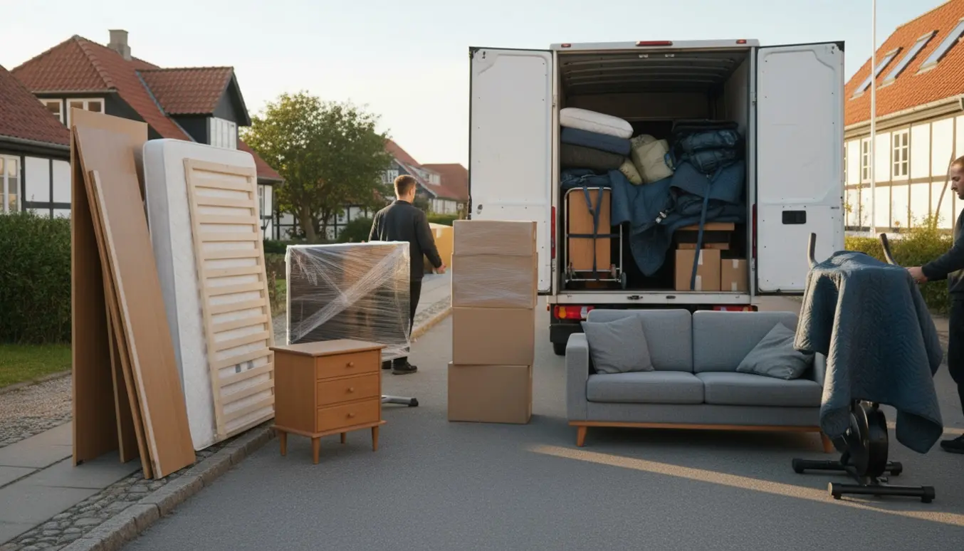 Flyttescene med åben flyttevogn, stablede flyttekasser, adskilt garderobe, enkeltseng, sofa og motionscykel i morgenslys.