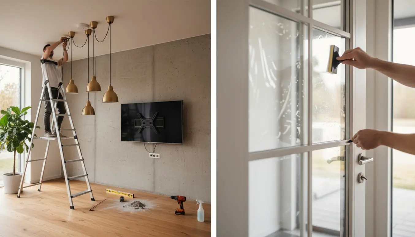 Hænder monterer lamper i loftet, et TV er halvmonteret på en betonvæg, og vinduesfolie glattes på en glasdør.