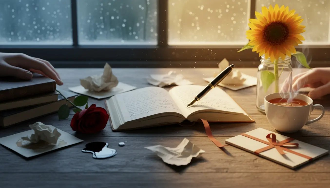 Et poetisk skrivebord med visne roser og solsikke i sollys, der symboliserer sorg og glæde.