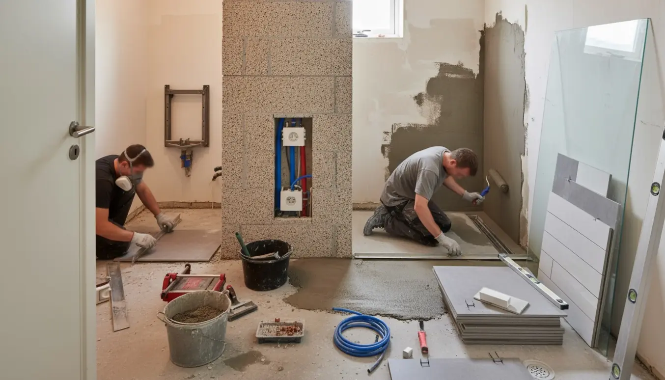 Lille badeværelse under renovering med gasbetonvæg, fliser, VVS-rør og værktøj.