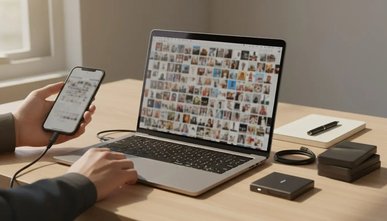 MacBook og iPhone på et ryddeligt skrivebord, hvor hænder overfører billeder til en ekstern harddisk.