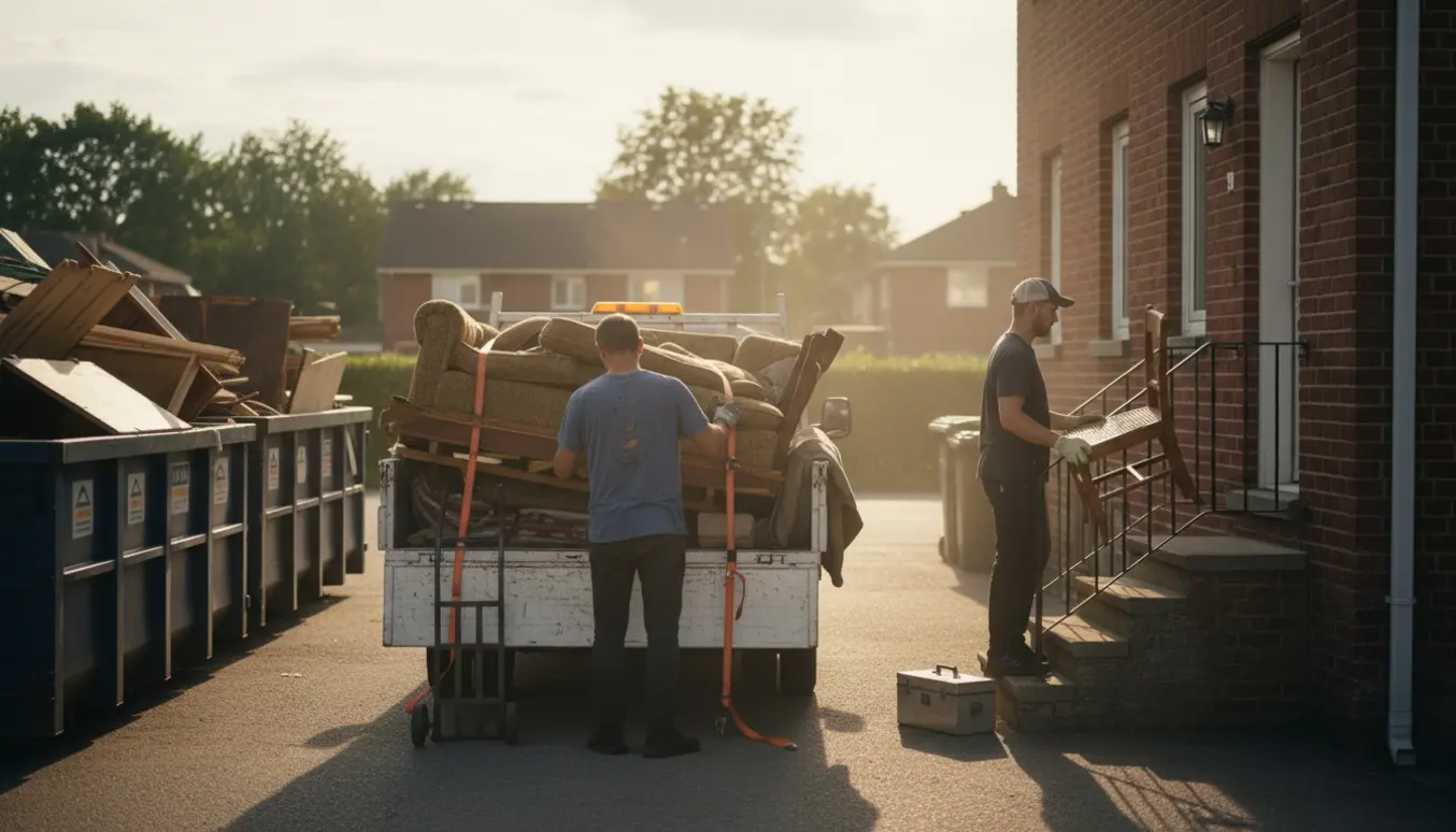 En lastbil læsses med sofa-dele ved et genbrugsområde, mens en stol bæres op ad en udendørs trappe til 1. sal.