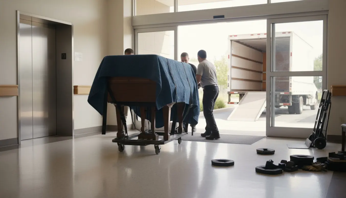 Et indpakket opretstående klaver bliver ført gennem brede dobbeltdøre på et plejehjem mod en ventende flyttebil.