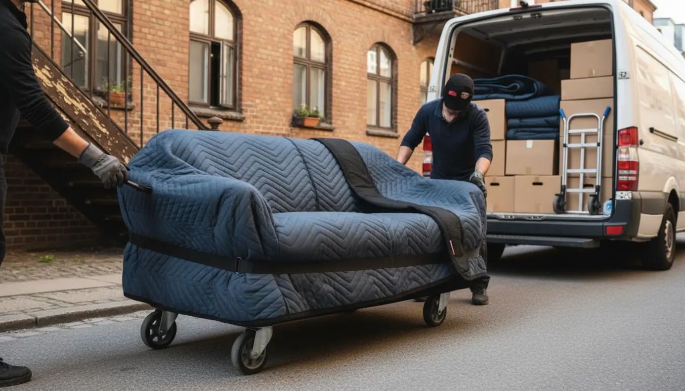 To personer bærer en lille to-personers sofa pakket i flyttetæpper fra en rød murstensopgang til en ventende flyttevogn.