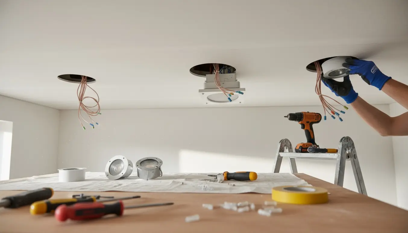 Installering af tre indbygningsspots og en ventilator i nyt gipsloft, værktøj og kabler synlige.