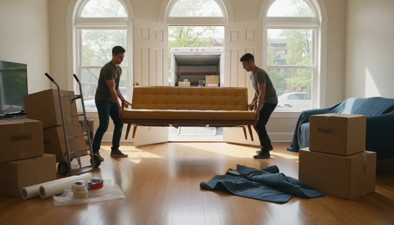 Flere hjælpere bærer en sofa og flyttekasser gennem en lys lejlighed mod en ventende flyttebil.