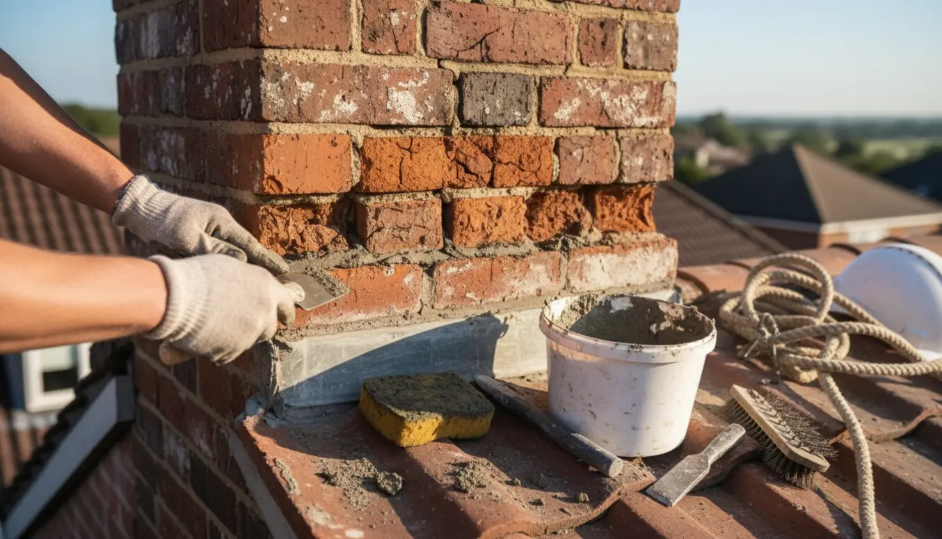 Nærbillede af handsker, der reparerer revner og manglende fuger i en murstensskorsten på et tag.