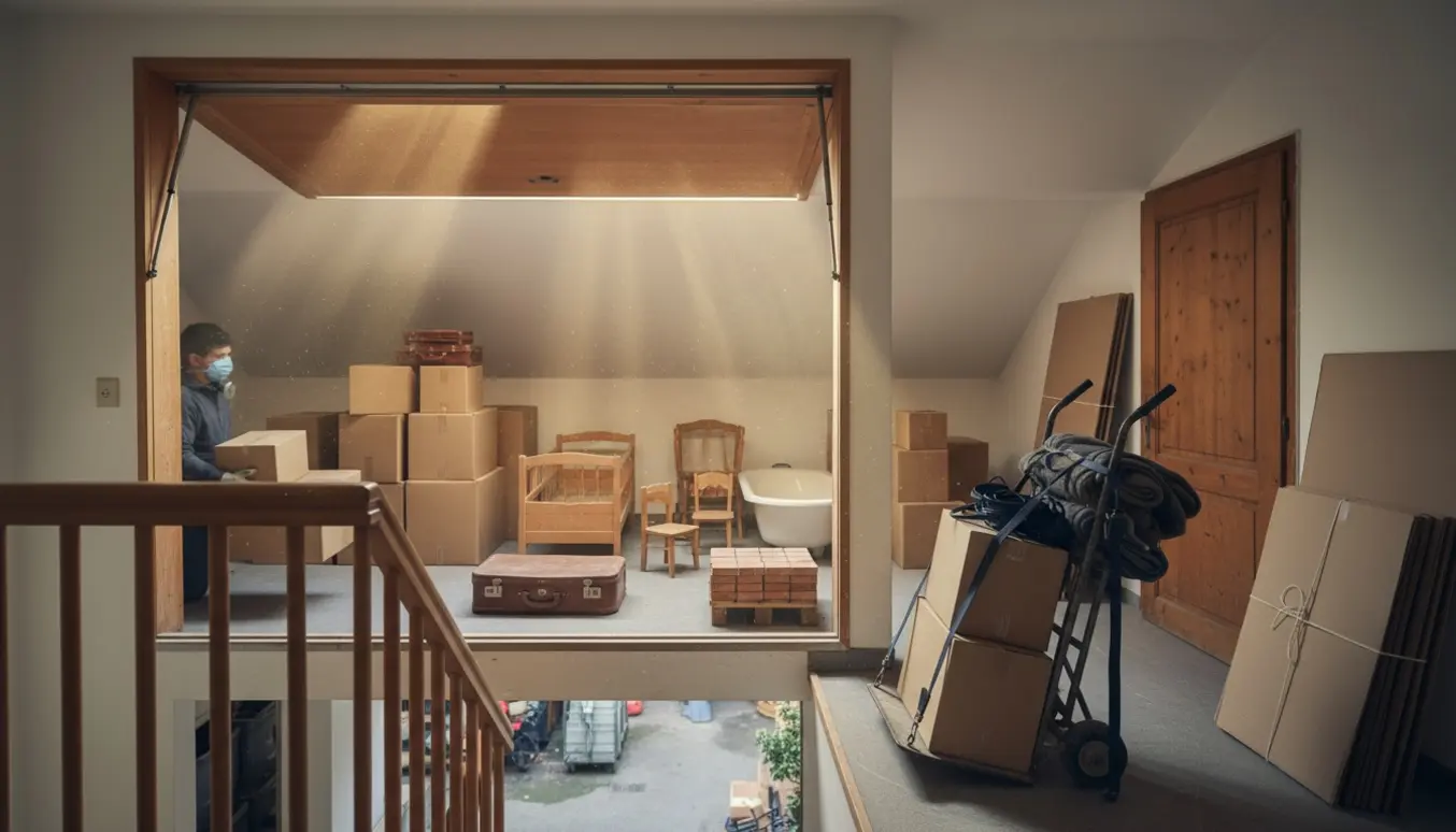 Loftrum med stabler af flyttekasser, kufferter, børnemøbler og en bunke fliser klar til at blive båret ned.