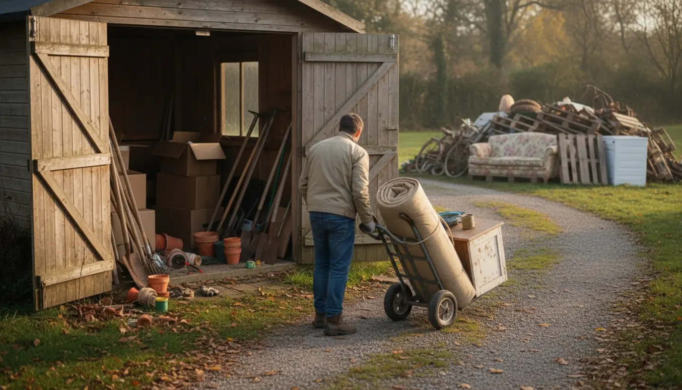 Et åbent skur med møbler på en sækkevogn på vej mod et storskrald synligt i det fjerne.