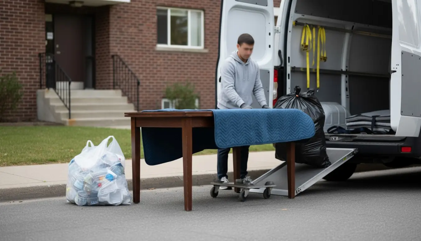 To personer læsser et spisebord, to sække med stort pap og en sæk plastik ind i en varevogn foran en lejlighedsopgang på første sal.