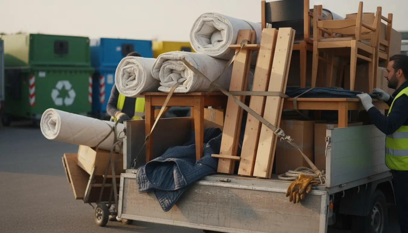 To personer læsser brugte senge, borde og stole på en ladbil ved en genbrugsplads, uden synlige ansigter.