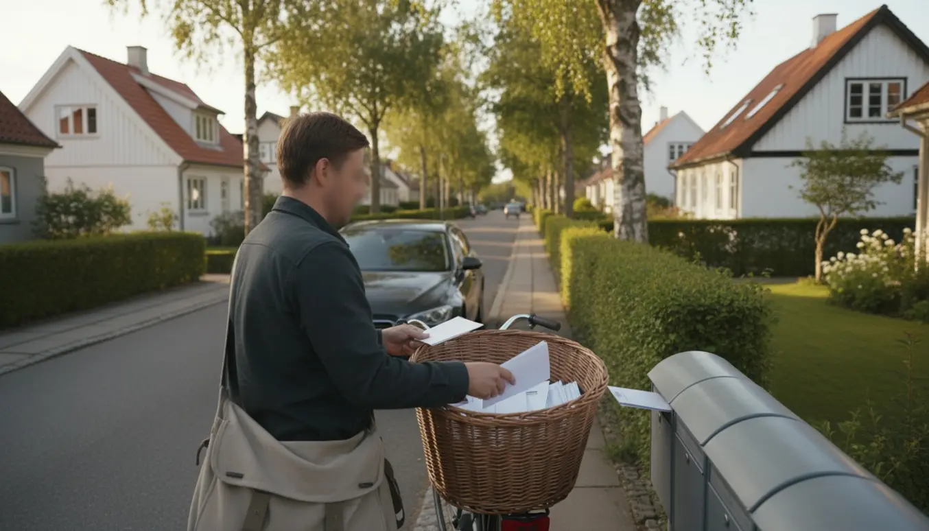 En person lægger flyers i postkasser på en nordsjællandsk villavej med cykel og bunker af flyers.
