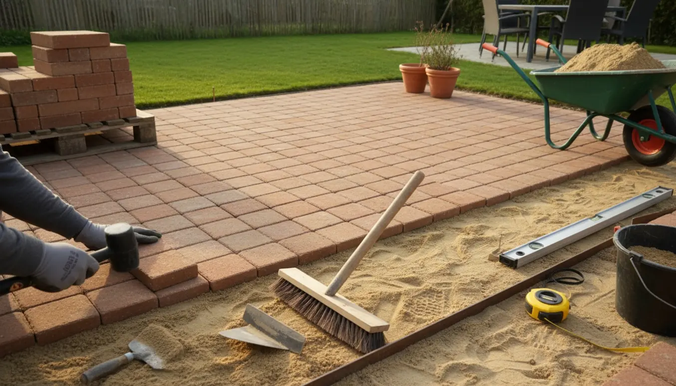 Lille terrasse under belægning med hollændersten, værktøj og bunker af sten i forgrunden.