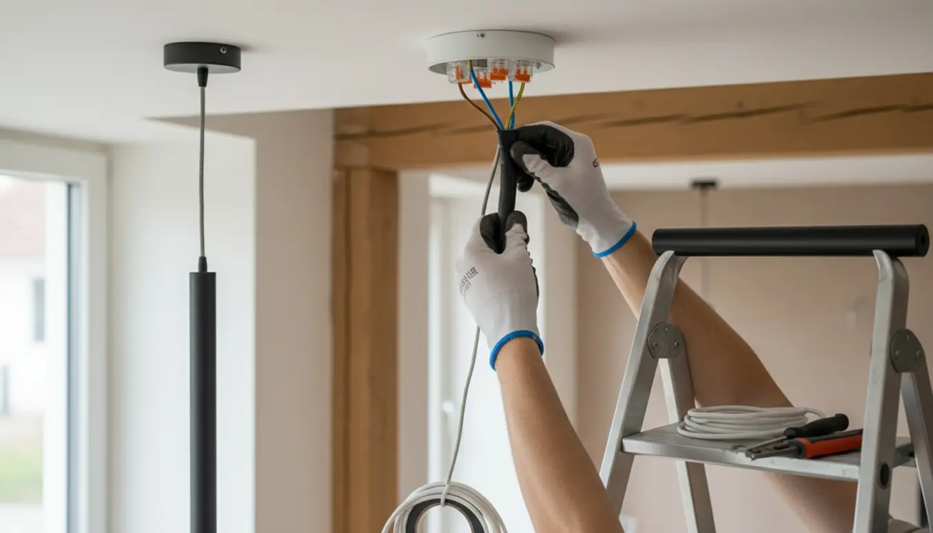 En elektriker forbinder to slanke pendellamper til én loftsboks med farvekodede, isolerede ledninger og værktøj synligt.