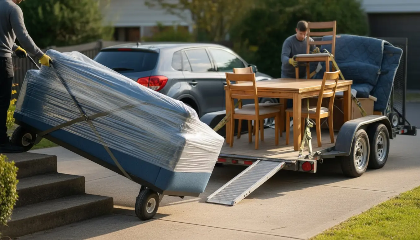 Personer læsser sofa, bord og tre stole fra trapper og op på trailer foran en bolig.