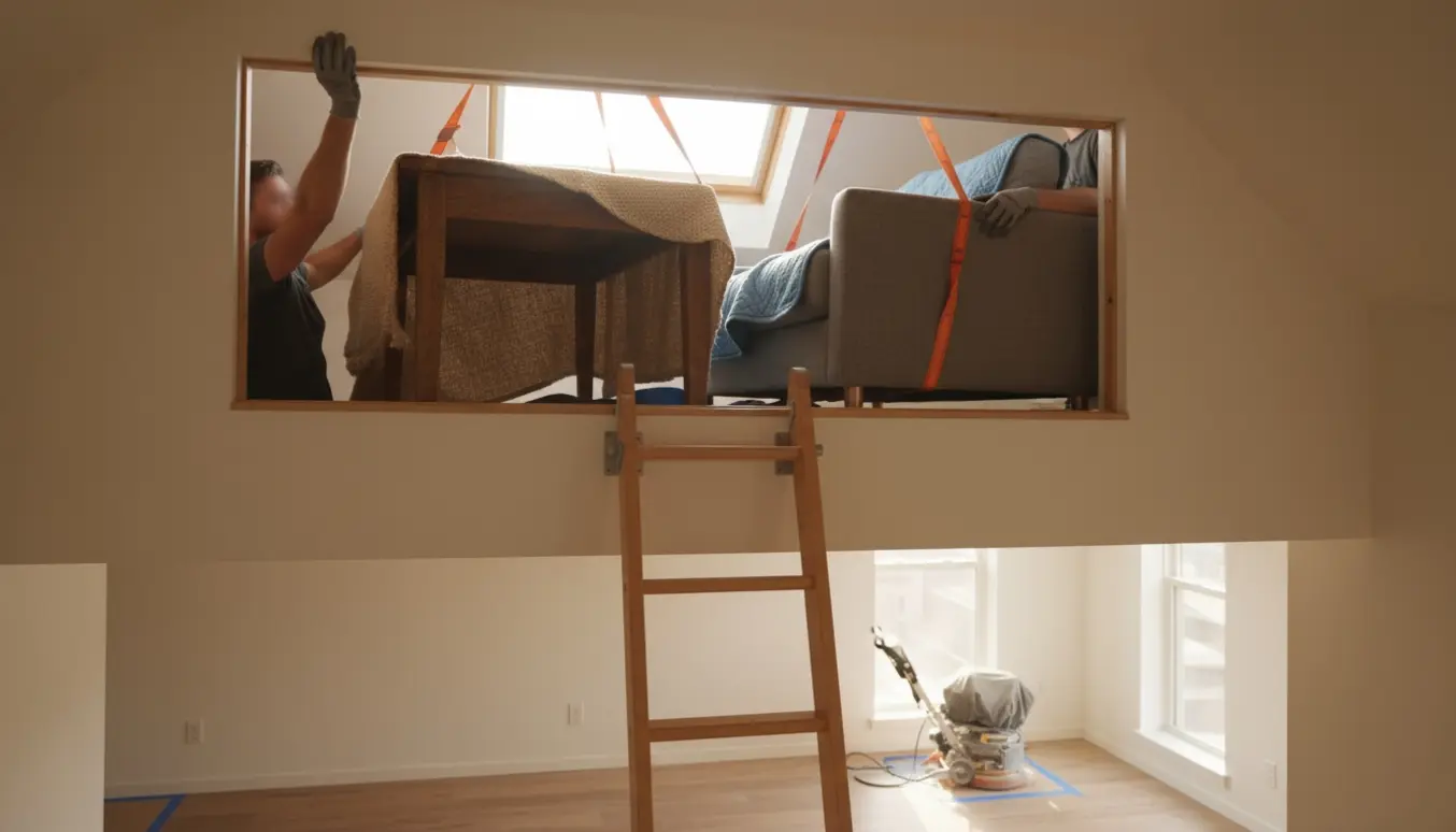 To personer bærer et spisebord og en sofa op i et lyst loftsrum, møbler beskyttet med flyttetæpper.