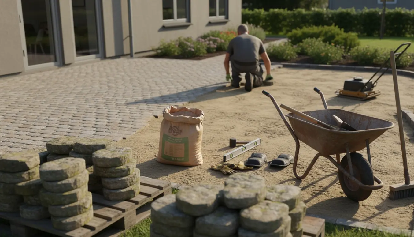 Genetablering af terrasse med genbrugte herregårdssten, værktøj og materialer i en solbeskinnet baggård.