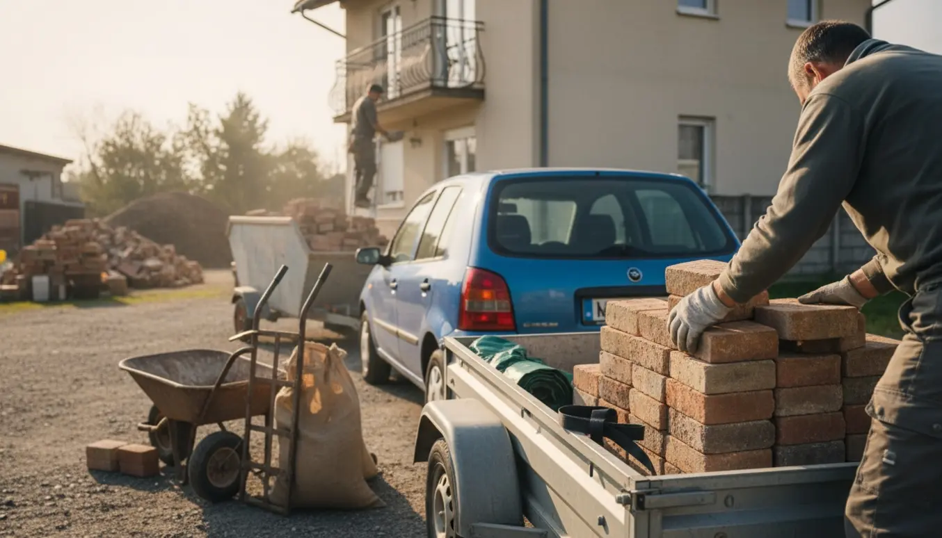 Trailer lastes med brugte mursten mens mursten bæres ned fra 2. sal og tippes af på genbrugspladsen.