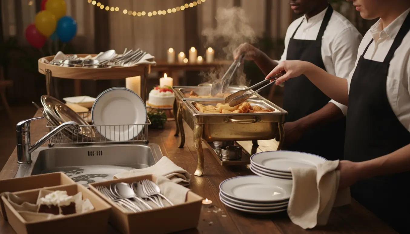 To hjælpere fylder op og rydder en buffet til en fødselsdag, kun hænder og overkrop synlige.