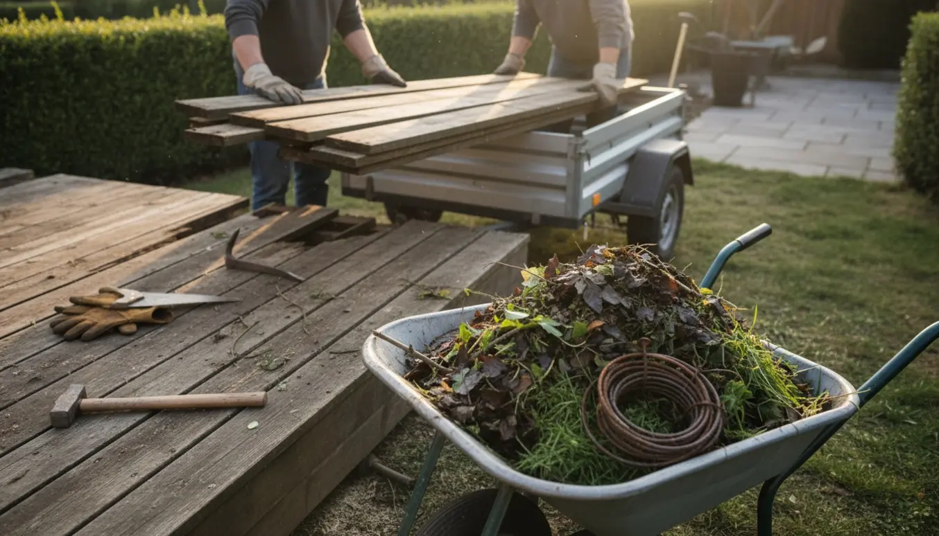 Nedrevet terrasse og trailer fyldt med terrassebrædder og haveaffald i en solrig baghave.
