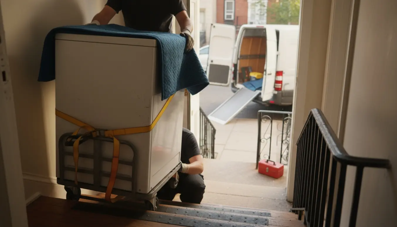 Vaskemaskine på dolly bæres ned ad en smal trappe mod en ventende varebil.