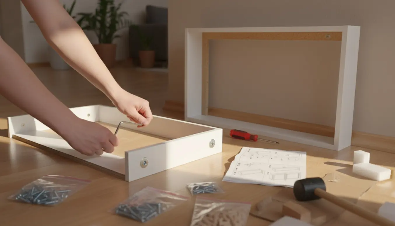 Hænder samler to flade pakke-hylder i et lyst, rydeligt rum med værktøj og manual.