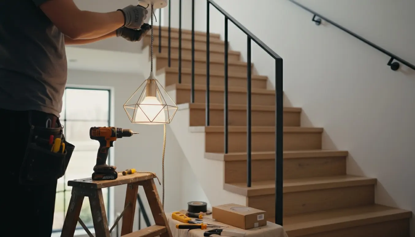Hænder monterer lampe over en indendørs trappe med loftdåse og værktøj synligt.