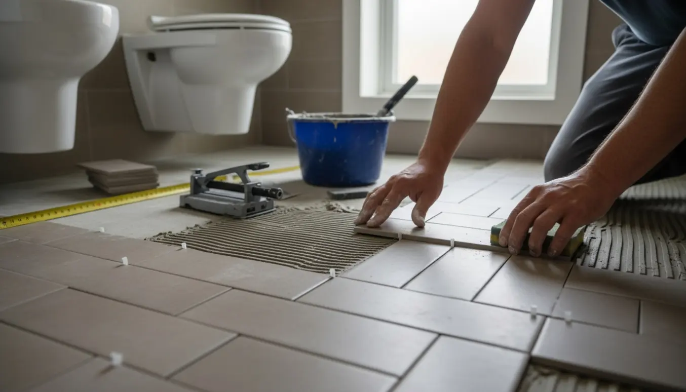 Lille gæstetoilet under lægning af varmegrå klinker med synlige flisekryds og værktøj.