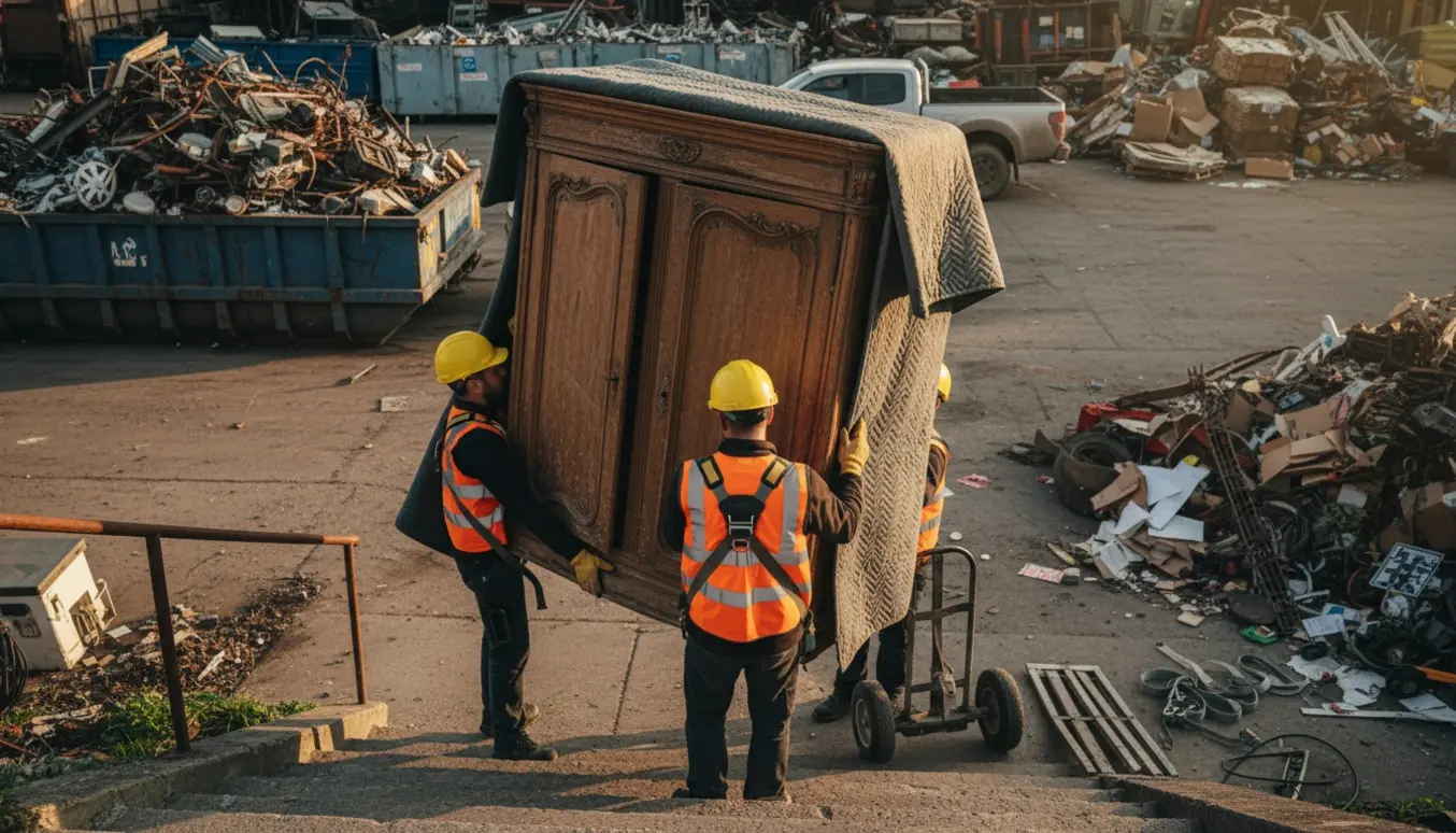Et stort klædeskab bæres ned ad en trappe på en genbrugsplads af flyttefolk med flyttetæpper og dolly.