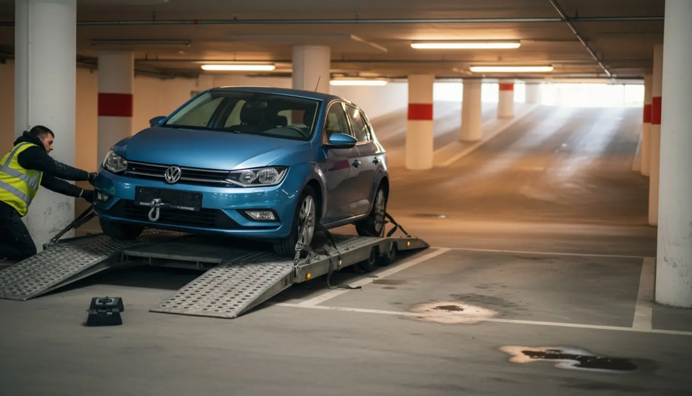 En trailer laster en lille bil i en parkeringskælder, mens teknikere spænder stropper fast.