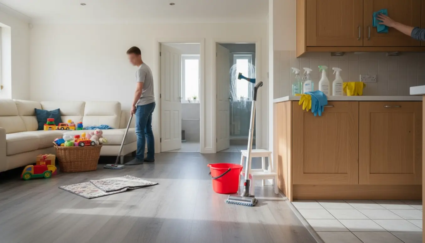 Åbent-plan hus under rengøring i dagslys med moppe på vinylgulv, støvsuger, rengøringsmidler og en kurv med legetøj.