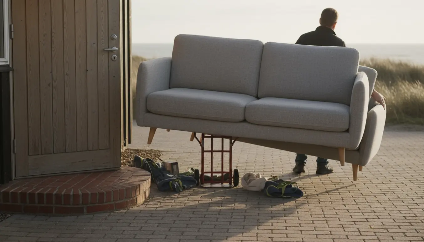 To dele af en sofa bæres mod husets hoveddør ved kysten, mens ejeren hjælper.