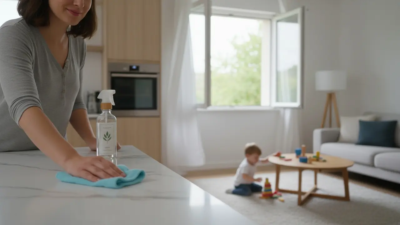 Lys stue/køkken med person, der rengør med milde produkter og åben vindue, barn i baggrunden.