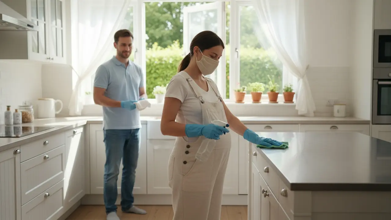 Gravid kvinde rengør forsigtigt med handsker og åben vindue, partner står klar til at hjælpe.