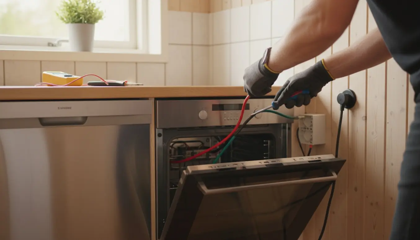Nærbillede af hænder, der fastgør ledninger til en indbygningsovn i et trangt kolonihave-køkken.