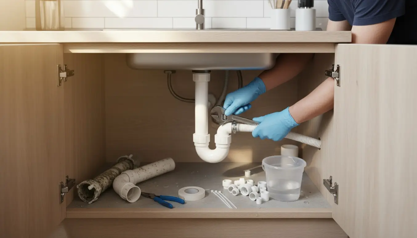 Åbent køkkenskab med nyt afløbssystem under vasken, værktøj og handsker, hvor en slangeklemme strammes.