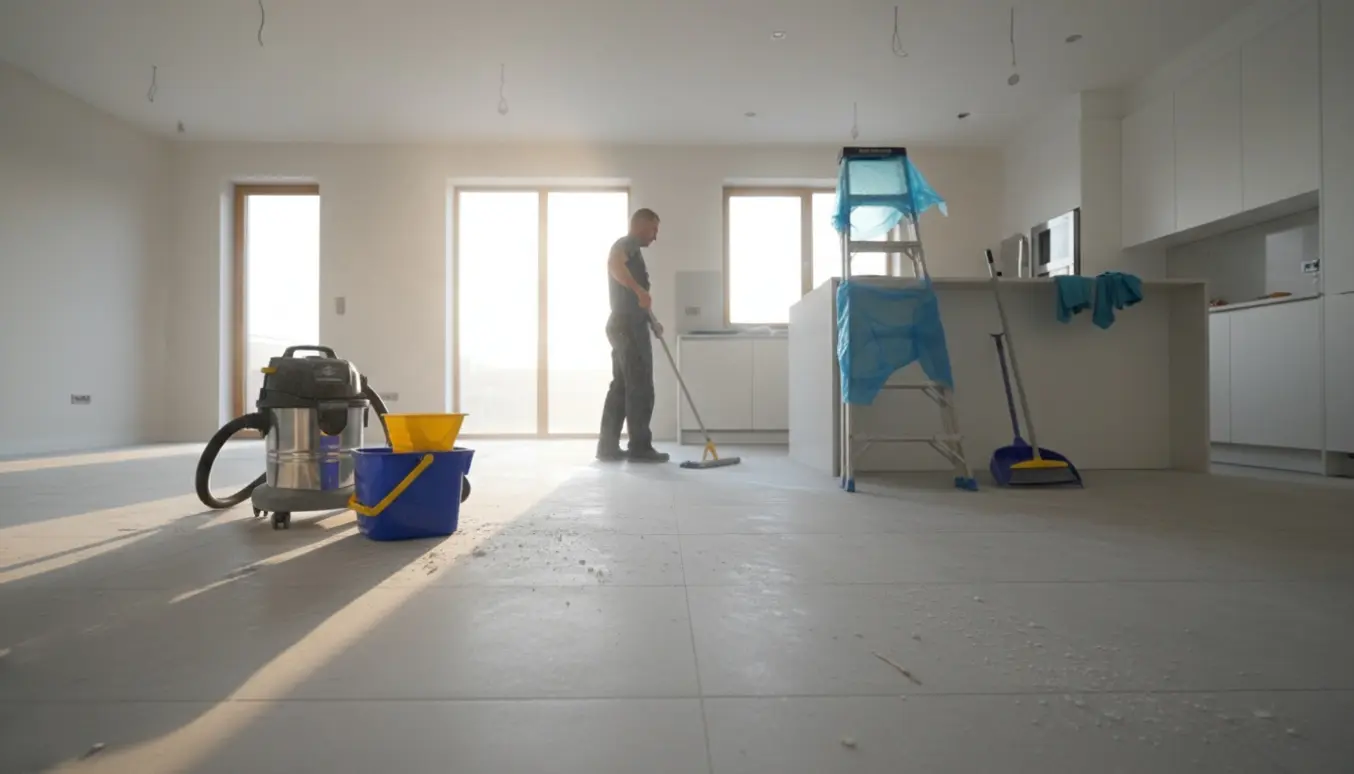 Tom nyrenoveret stueetage med en person bagfra, der mopper gulvet og rengør nyt flisegulv.