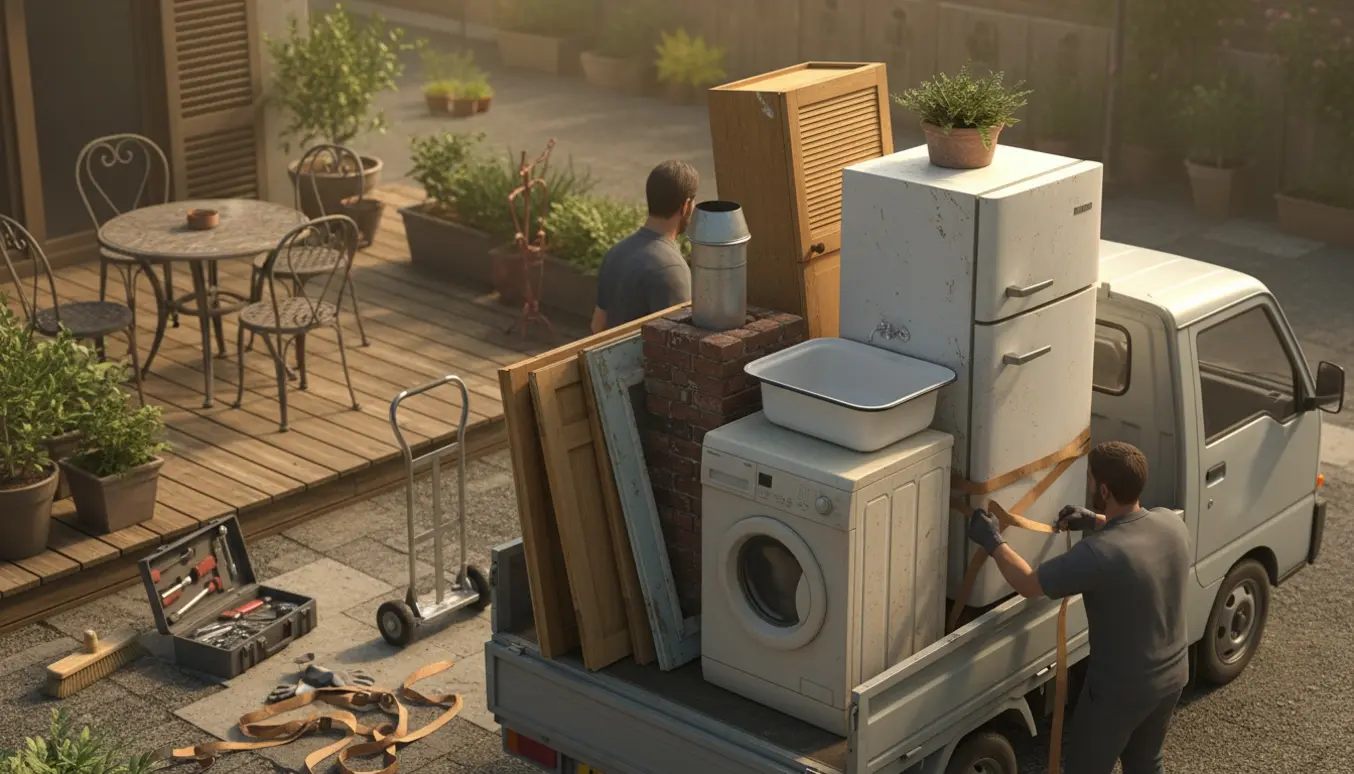 Terrasse med vaskemaskine, køleskab, håndvask og skabe klar på trailer til bortkørsel.