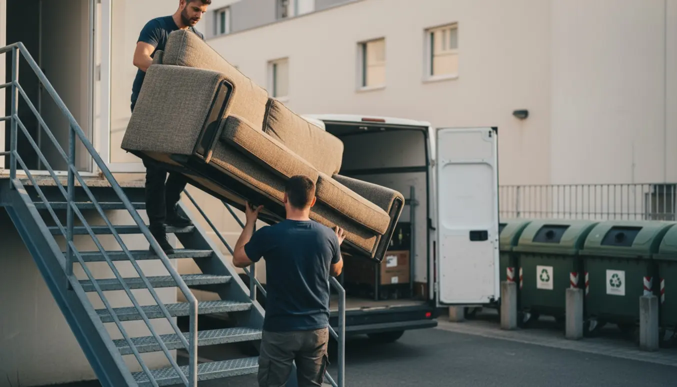 To personer bærer en tung 200 x 120 cm sovesofa ned ad en udendørs ståtrappe mod en varevogn ved en genbrugsplads.