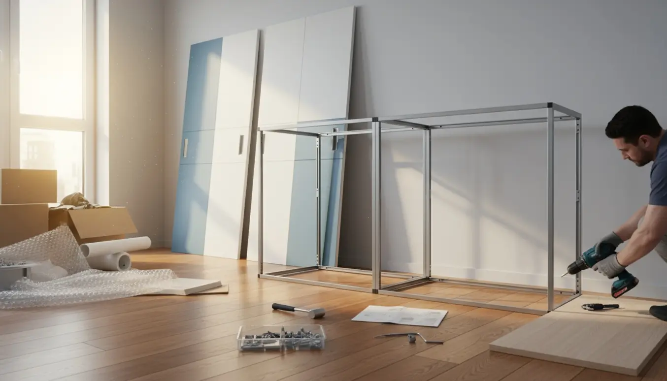 En person samler et PAX-lignende garderobeskab i en lys lejlighed med værktøj og plader rundt omkring.