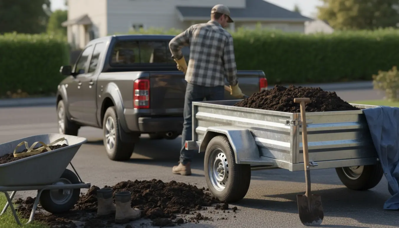 Åben trailer på indkørsel fyldt med jord mens en arbejder skovler jord i med ryggen til.