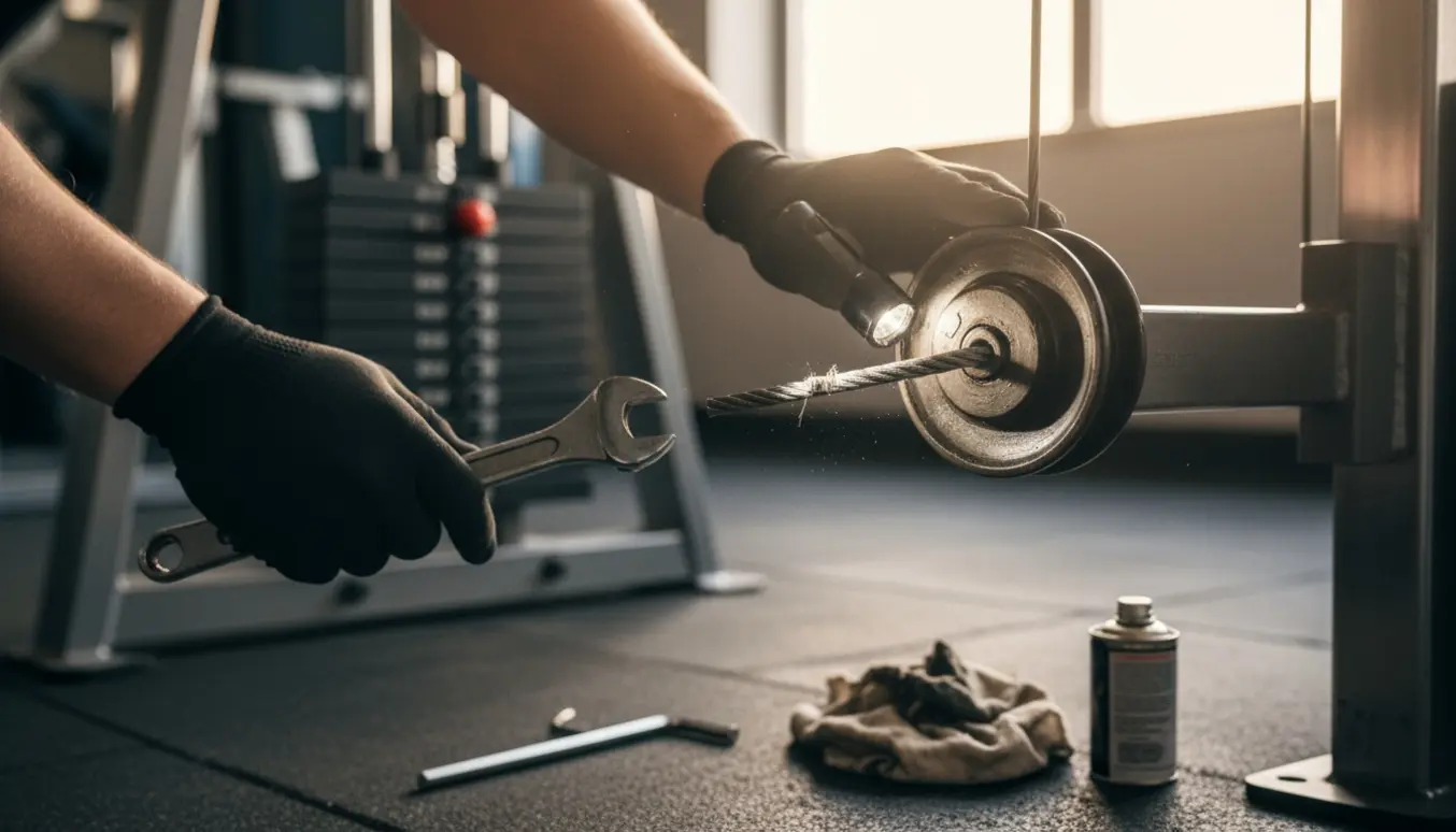 Tekniker inspicerer højre kabel og remskive på en kabelmaskine i et fitnesscenter.