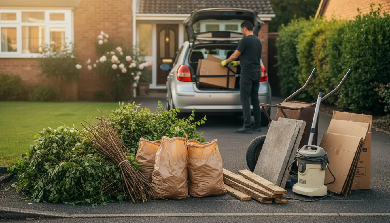 Bunke haveaffald og blandet skrald ved indkørsel klar til afhentning til genbrugsstationen.