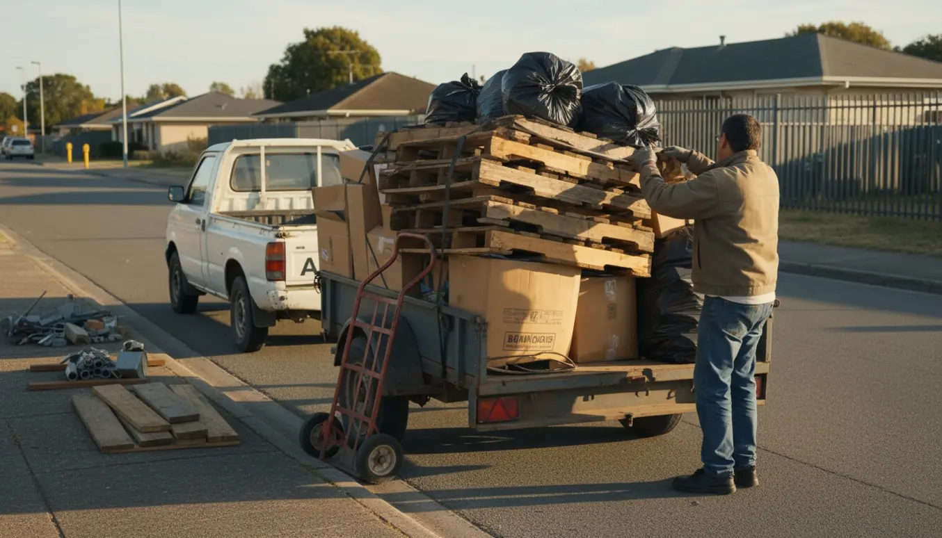 Lastning af gamle paller og affald på trailer tæt på en lokal genbrugsplads.