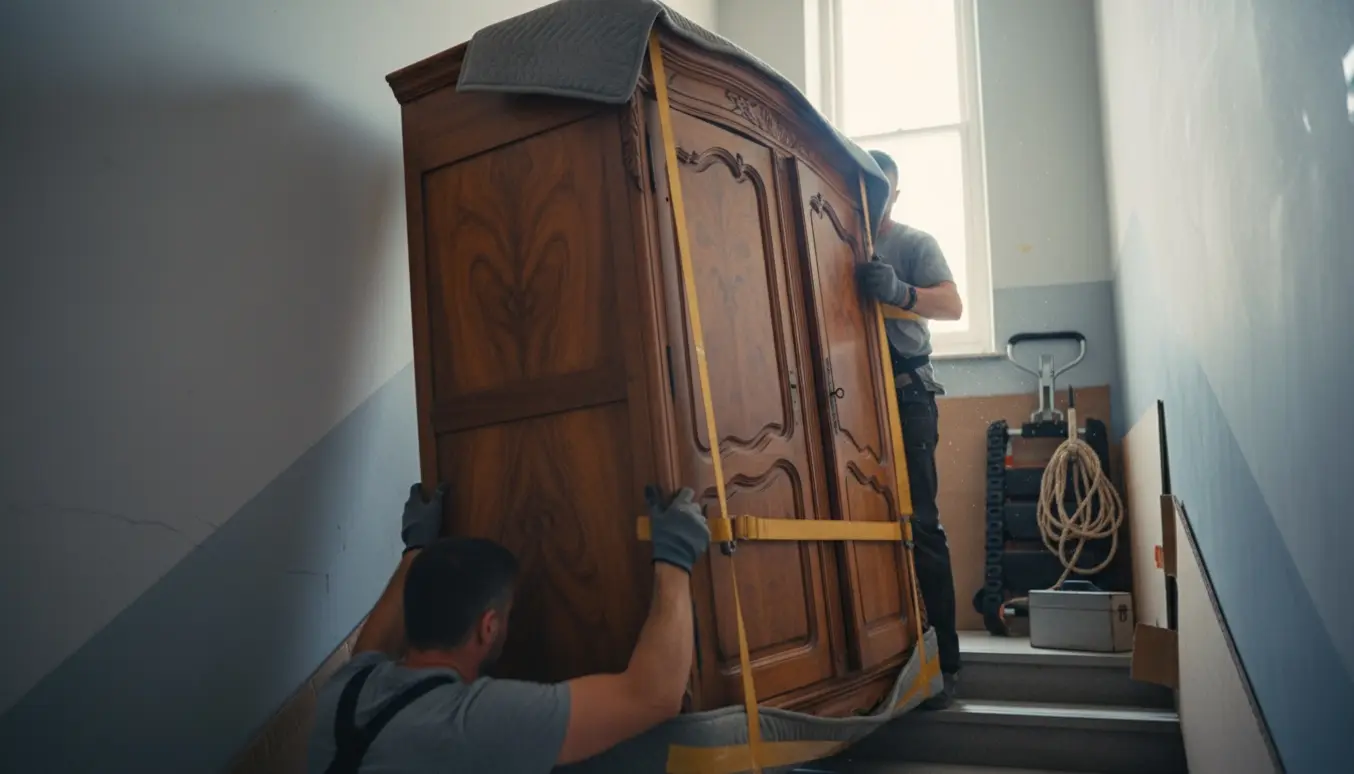 To personer flytter et tungt, antikt træskab op ad en smal trappe med flytteudstyr og beskyttelse.